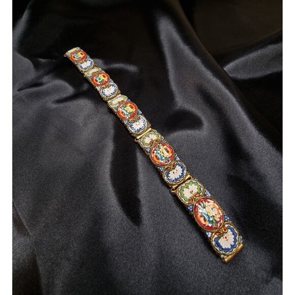 Vintage 1930s-1940s Italian Micro Mosaic Bracelet Floral Tile Link Bracelet - Picture 1 of 6